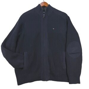 Tommy Hilfiger Mens L Full Zip‎ Knit Cardigan Sweater Blue Elbow Patch